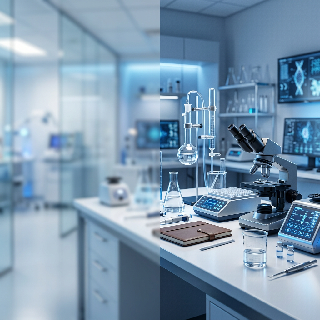 Modern laboratory with microscope, glassware, analyzers, and medical display screens