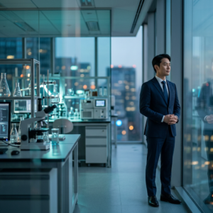Man in suit standing beside laboratory equipment in a glass-walled lab
