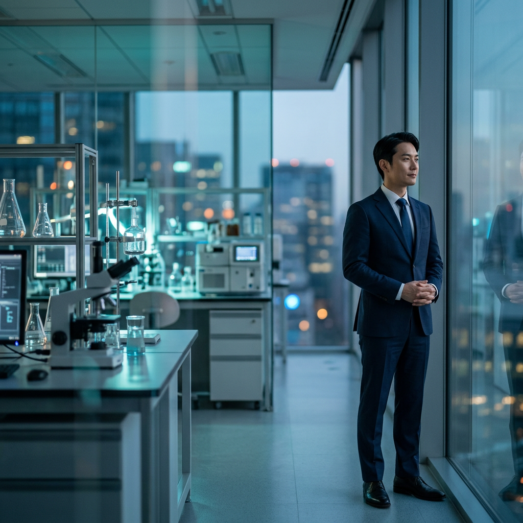 Man in suit standing beside laboratory equipment in a glass-walled lab