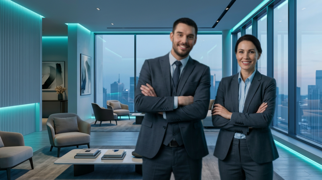 Two smiling business professionals standing with arms crossed in a modern office