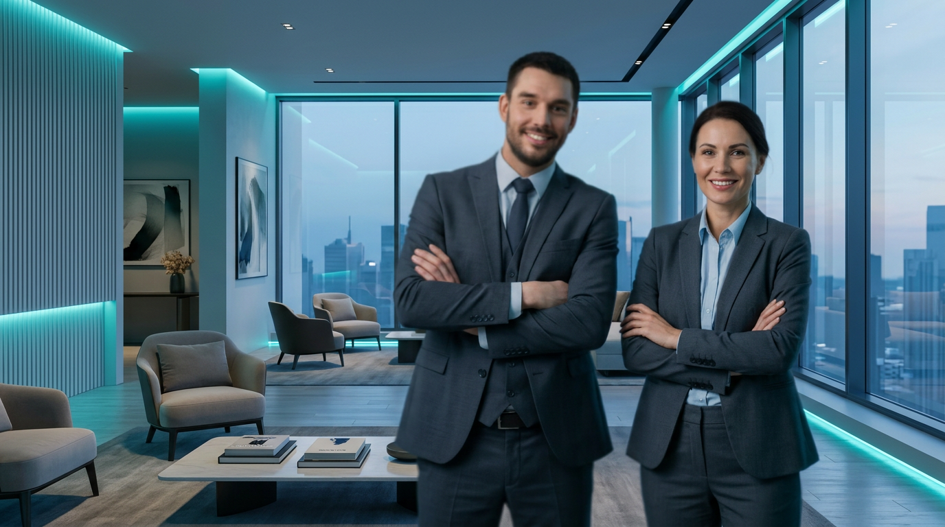 Two smiling business professionals standing with arms crossed in a modern office